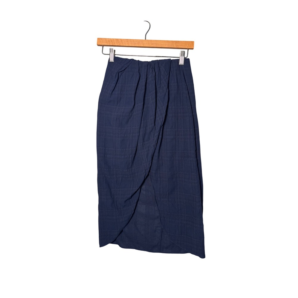 Wilfred Aritzia Skirt 2 Navy Blue Plaid Tulip Wrap Front Midi Minimalist Lined